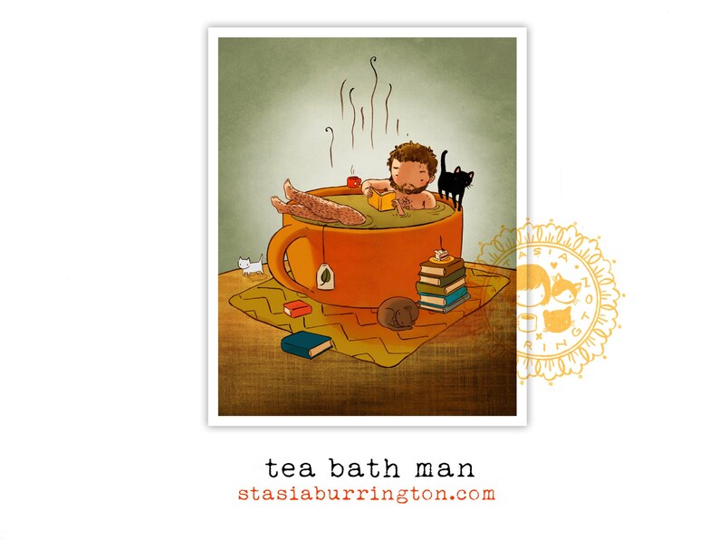 8x10 Cozy Man rustic relaxing tea book cat boy print image 1