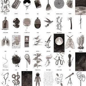 May include: Ink illustrations of various objects and concepts, including a book, a broom, a heart, a moon, a moth, a telescope, and a spacesuit. The image has a black and white theme.