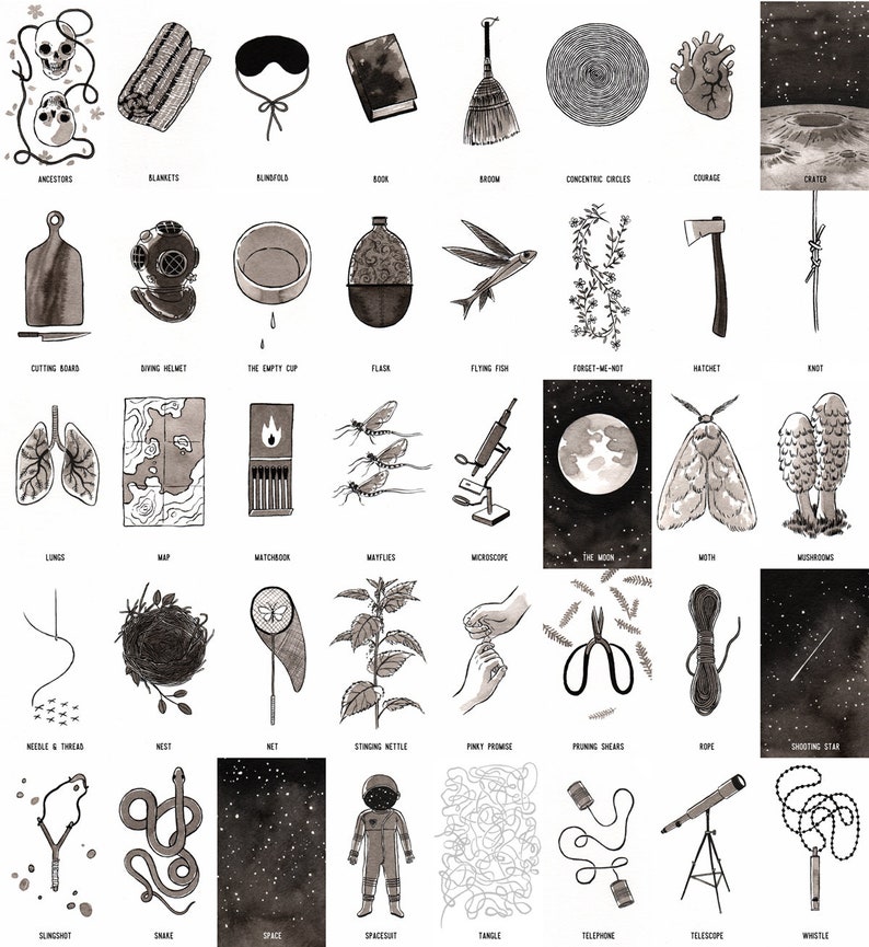 May include: Ink illustrations of various objects and concepts, including a book, a broom, a heart, a moon, a moth, a telescope, and a spacesuit. The image has a black and white theme.