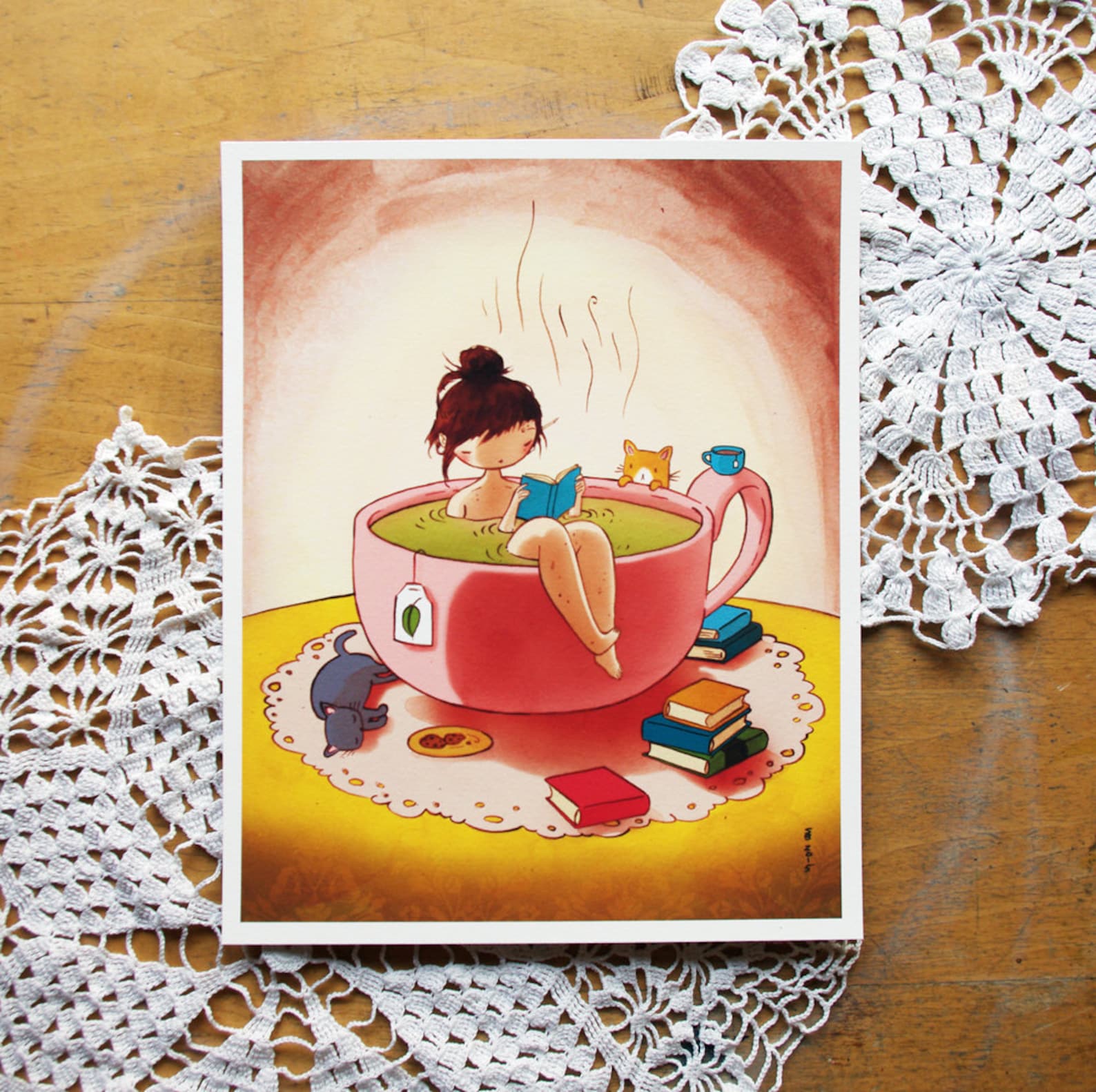 Tea Bath Cozy Relaxing Tea Book Cat Girl Print Etsy