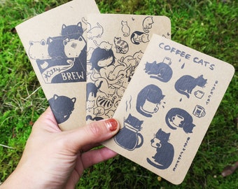 Set of 3 Cat Notebooks - kitty heaven - kitty brew - coffee cats