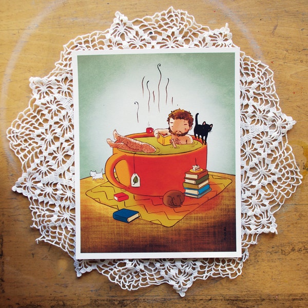 11 x 14 cozy Man - rustikale entspannende Tee Buch Katze junge Druck