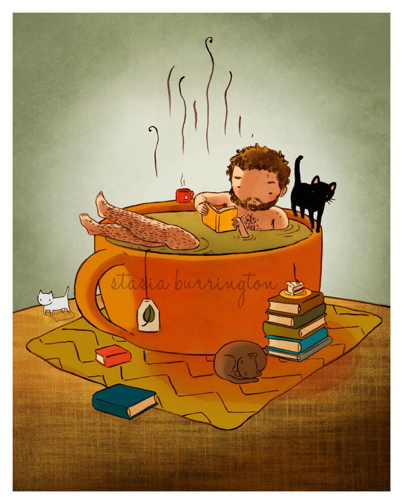 8x10 Cozy Man rustic relaxing tea book cat boy print image 6