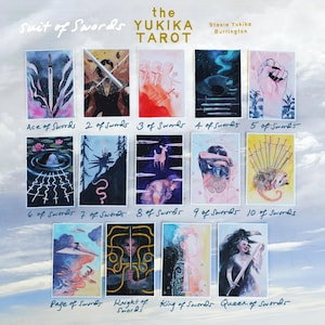 May include: The Yukika Tarot Suit of Swords deck by Stasia Yukika Burrington features 14 illustrated cards. Each card displays unique artwork with swords, figures, and animals, labeled with handwritten titles from Ace of Swords to King and Queen.