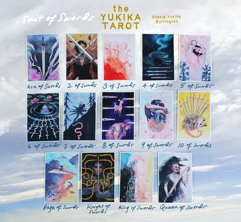 May include: The Yukika Tarot Suit of Swords deck by Stasia Yukika Burrington features 14 illustrated cards. Each card displays unique artwork with swords, figures, and animals, labeled with handwritten titles from Ace of Swords to King and Queen.