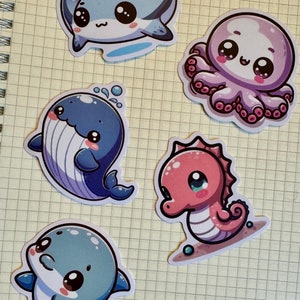 Lot de 5 stickers animaux océan, raie manta dauphin baleine hippocampe poulpe, jolies créatures marines, jeu d'autocollants kawaii