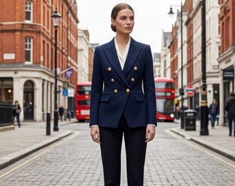 Womens Navy Blue Double Breasted Blazer | Handmade Tailored Office Wear Wool Blazer