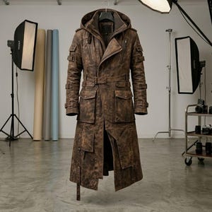 May include: A long, brown, distressed-finish coat featuring a hood, a belted waist, and multiple utility pockets on the chest and skirt. The garment includes zippered closures, adjustable straps on the sleeves, and a structured, layered design.