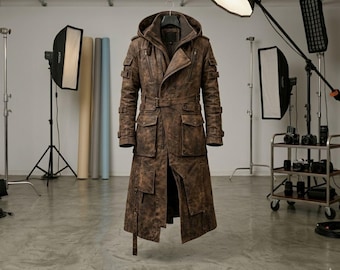 Men’s Distressed Trench Coat with Hood – Handmade Vintage Brown Long Belted Sheepskin Leather Outfit