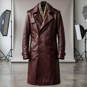 Handmade Burgundy Leather Trench Coat