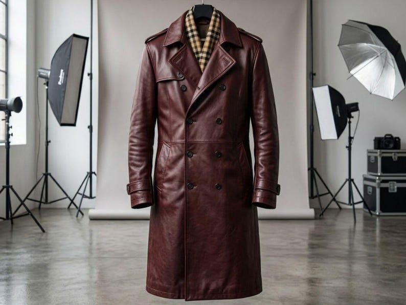 Handmade Burgundy Leather Trench Coat
