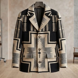 Southwestern Geometric Aztec Wool Jacket | Handmade Oversized Tribal Winter Coat