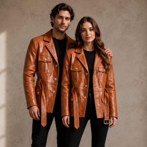 Handgefertigte Braune Leder-Safarijacke – Militärische Utility-Jacke mit Gürtel für Cosplay