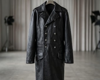 Herr Vintage tysk klassisk dubbelknäppt överrock handgjord trenchcoat i läder