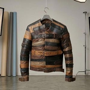 May include: A unique leather jacket with a patchwork design in shades of brown and black. The jacket features multiple belts and buckles, and is hanging on a metal hanger. The jacket is the focal point of the image, which is set in a studio.