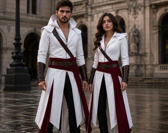 Handgjord gotisk vit kanvasjacka med huva – Shadow Warrior medeltida Duster Cosplay-dräkt