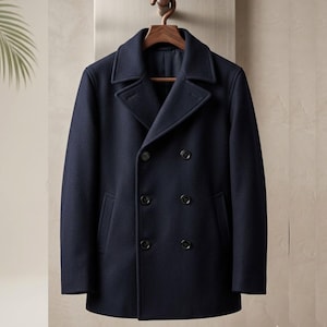 Handmade Wool Double Breasted Peacoat | Black Blue Winter Long Jacket | Warm Wool Overcoat