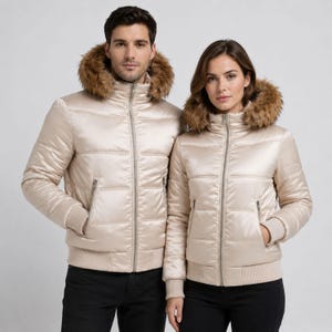 May include: Two matching champagne-coloured puffer jackets featuring a horizontal quilted design, a full-length silver front zip, ribbed cuffs and hem, and a detachable hood trimmed with thick, brown faux fur. The jackets have two side pockets.