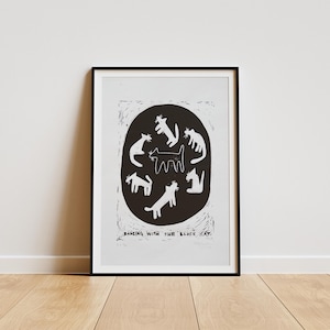 Linocut Dancing With the Black Cat Print