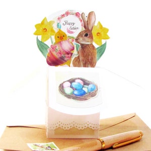 Tarjeta de la caja emergente de Pascua, tarjeta emergente de Pascua 3D, tarjeta de Pascua hecha a mano con el conejito, tarjeta del narciso
