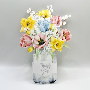 Blumen Danke Pop Up 3D Box Karte, Einzigartiges Blumengeschenk, Blumenstrauß Pop Up Karte, Tulpen und Narzissen