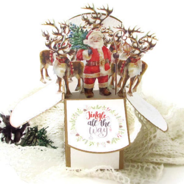 Christmas Pop Up Card, Vintage Santa with Reindeer, Gift Card Holder, Jingle All The Way, Have a jolly Christmas