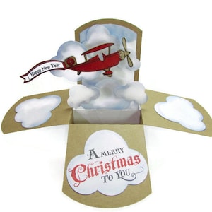 Noël Pop Up carte, Vintage avion bannière carte Happy New Year bannière