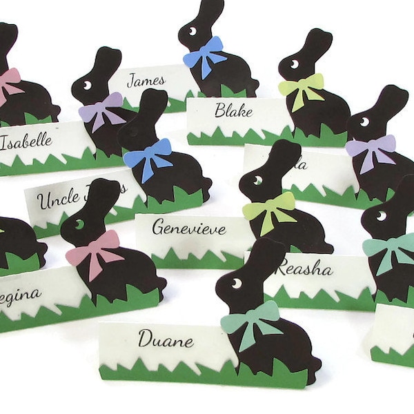 Chocolate Easter Bunny Place Cards, Spring Table Favors, Personalized Place Cards, Buffet Cards, Eco Friendly, Free Standing place cards