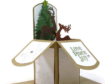 Christmas Pop Up Card, Woodland Deer Scene, Gift Card Holder, Unique Handmade 3D Greeting Cards