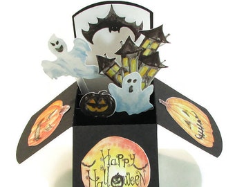 Halloween Card Handmade, Haunted House, Ghosts, Jack O Lanterns Greeting Card