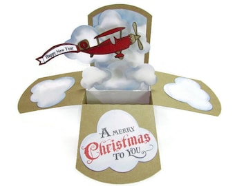 Christmas Pop Up Card, Vintage Airplane Banner Card Happy New Year Banner