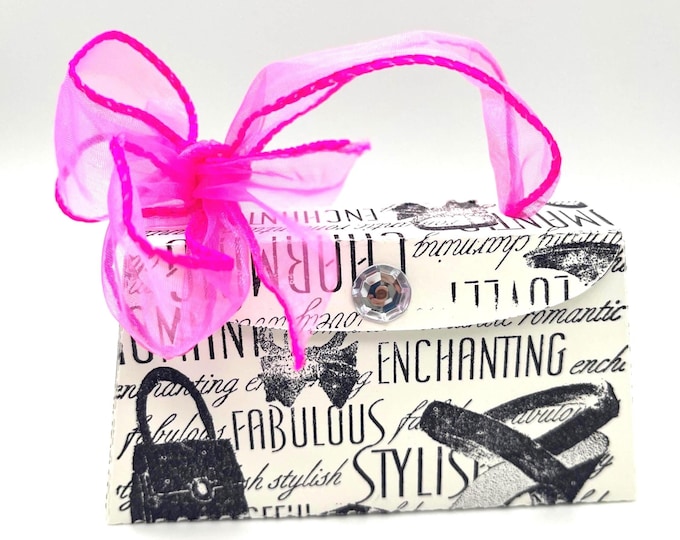 Handmade Paper Purse Gift Card Holder: Black & White with Pink Ribbon