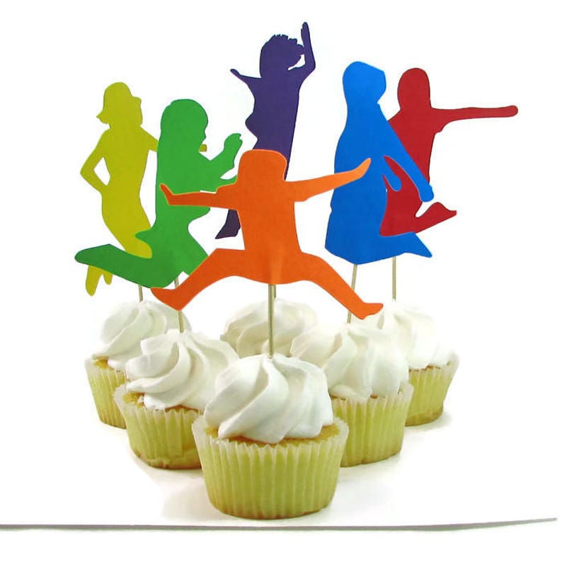 Jump Party Cupcake Toppers, Set of 12, Jumping Kids Cake Toppers, Bounce House Party, Trampoline Party, Girl Silhouette Jumping, Guy Jumping image 3