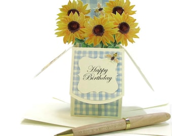 Tarjeta desplegable con ramo de girasoles para cumpleaños y Día de la Madre