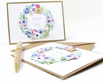 Thank You Card Set, Handmade with Envelopes, Set of 6 Cards, Garden Floral Wreath Stationery Set, Thank You Cards