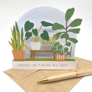 Pflanzenliebhaber New Home Card, Herzlichen Glückwunsch zum Pflanzen neuer Wurzeln Geschenk, 3D personalisierte Andenken Pop Up House Warming Card