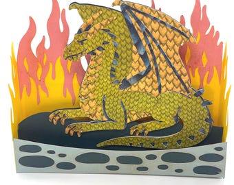 Biglietto pop-up personalizzato per il compleanno del drago, design con fiamma fantasy, porta carte regalo