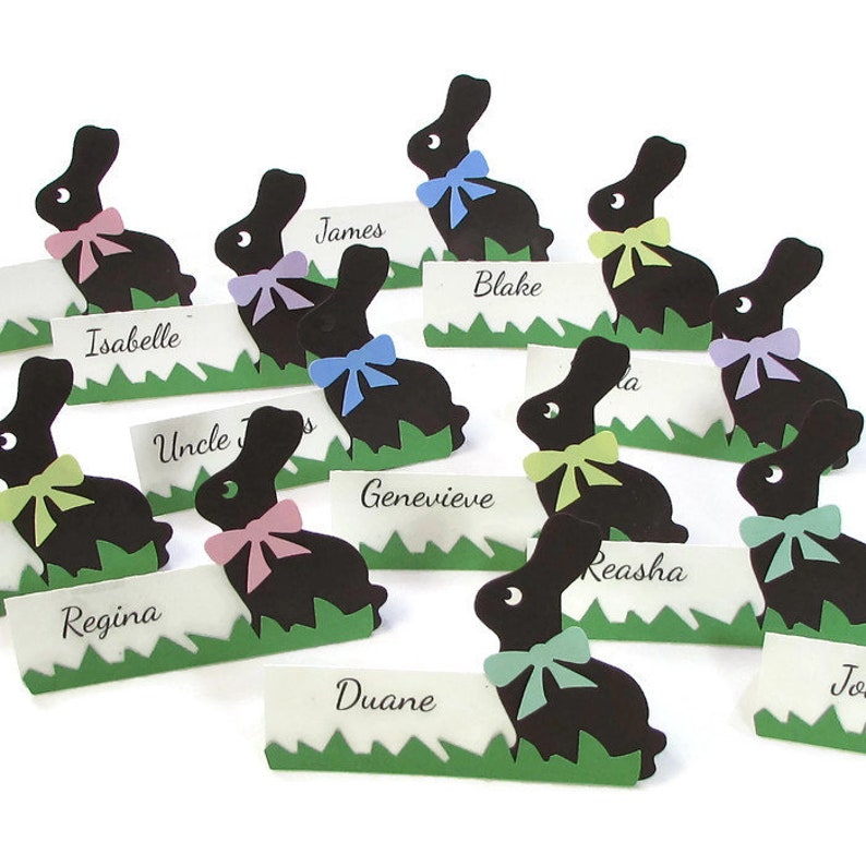 Chocolate Easter Bunny Place Cards, Spring Table Favors, Personalized Place Cards, Buffet Cards, Eco Friendly, Free Standing place cards image 1