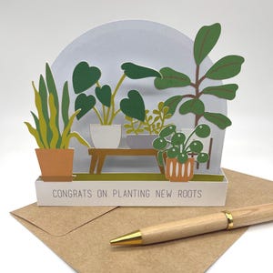 Carte de nouvelle maison pour amateur de plantes, cadeau de félicitations pour la plantation de nouvelles racines, carte souvenir personnalisée 3D pour pendaison de crémaillère