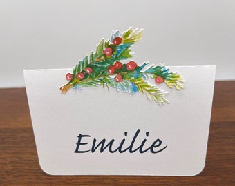 Holly Sprig Place Cards, Name Place Cards, Personalized Holiday Table Place Settings, Custom Christmas Table Decor