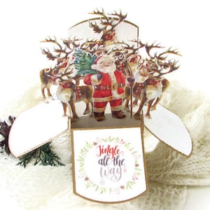 Weihnachten Pop Up Karte, Vintage Nikolaus mit Rentier, Geschenkkartenhalter, Jingle All The Way, Have a jolly Christmas