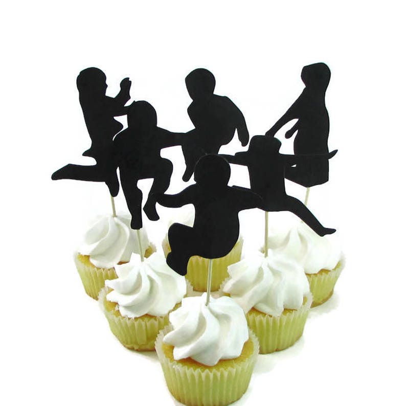 Jump Party Cupcake Toppers, Set of 12, Jumping Kids Cake Toppers, Bounce House Party, Trampoline Party, Girl Silhouette Jumping, Guy Jumping image 1