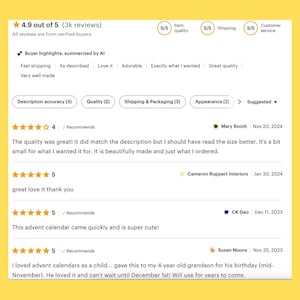 May include: A screenshot of Etsy customer reviews, with a 4.9 out of 5-star rating based on 3,000 reviews. The reviews highlight fast shipping, accurate descriptions, and good quality. Several customer comments are visible, praising the product.
