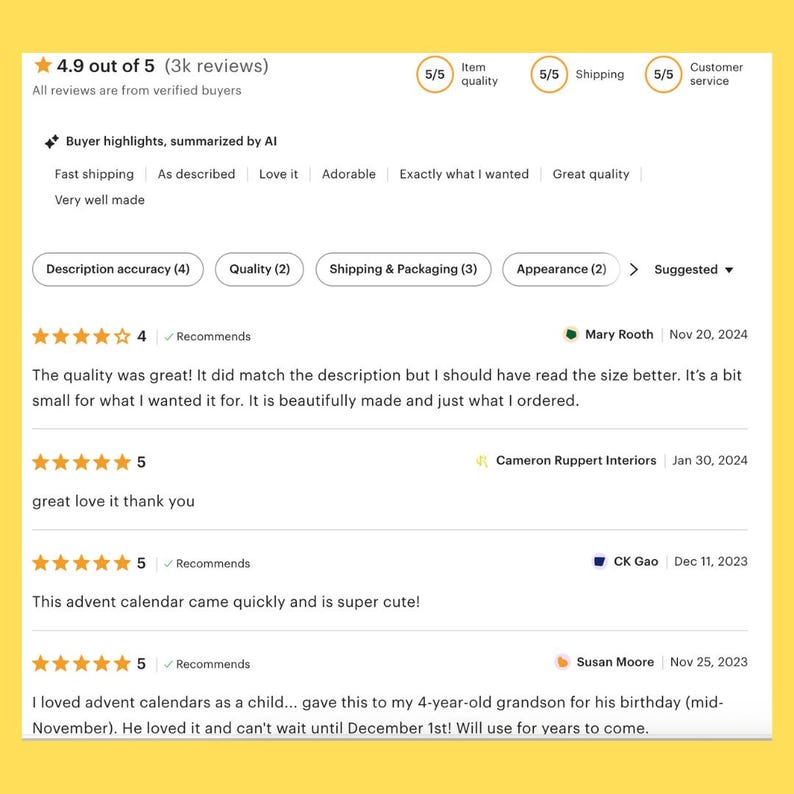 May include: A screenshot of Etsy customer reviews, with a 4.9 out of 5-star rating based on 3,000 reviews. The reviews highlight fast shipping, accurate descriptions, and good quality. Several customer comments are visible, praising the product.