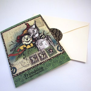 Greeting Card Vintage Wizard of Oz Scarecrow and Tin Man with Envelope Seal QueenBeeInspirations