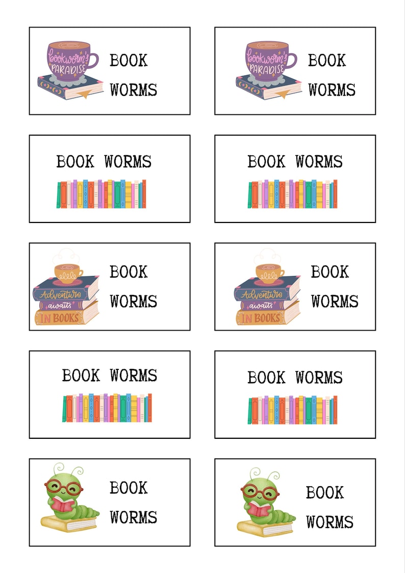 Book Worm Favor Tags (printable Digital File) - Etsy