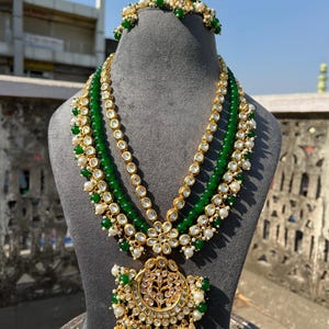 Long Polki Necklace - Pakistani Jewelry - Kundan Necklace Set w/Earrings - Indian Wedding Bridal Jewelry - Semiprecious Beaded Necklace