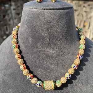 Long Polki Necklace - Pakistani Jewelry - Kundan Necklace Set w/Earrings - Indian Wedding Bridal Jewelry - Semiprecious Beaded Necklace