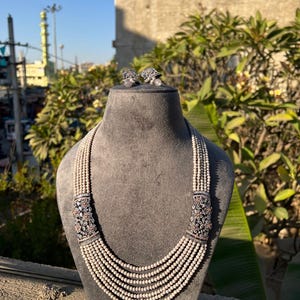 Long Polki Necklace - Pakistani Jewelry - Kundan Necklace Set w/Earrings - Indian Wedding Bridal Jewelry - Semiprecious Beaded Necklace