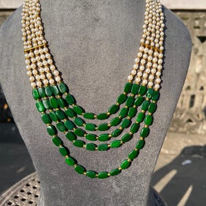 Long Polki Necklace - Pakistani Jewelry - Kundan Necklace Set w/Earrings - Indian Wedding Bridal Jewelry - Semiprecious Beaded Necklace